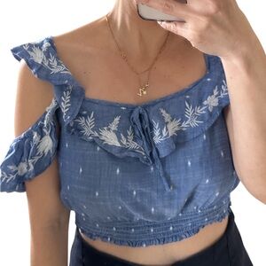 American Eagle Outfitters Blue Embroidered Ruffle Blouse